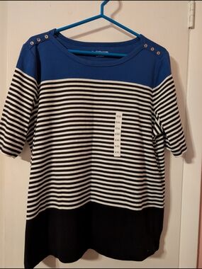 croft & barrow Royal Blue Black White Striped Short Sleeve Top